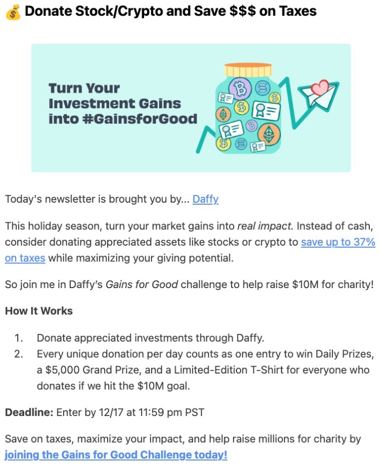 My Top Finds newsletter feature: Donate Stock/Crypto and Save $$$ on Taxes